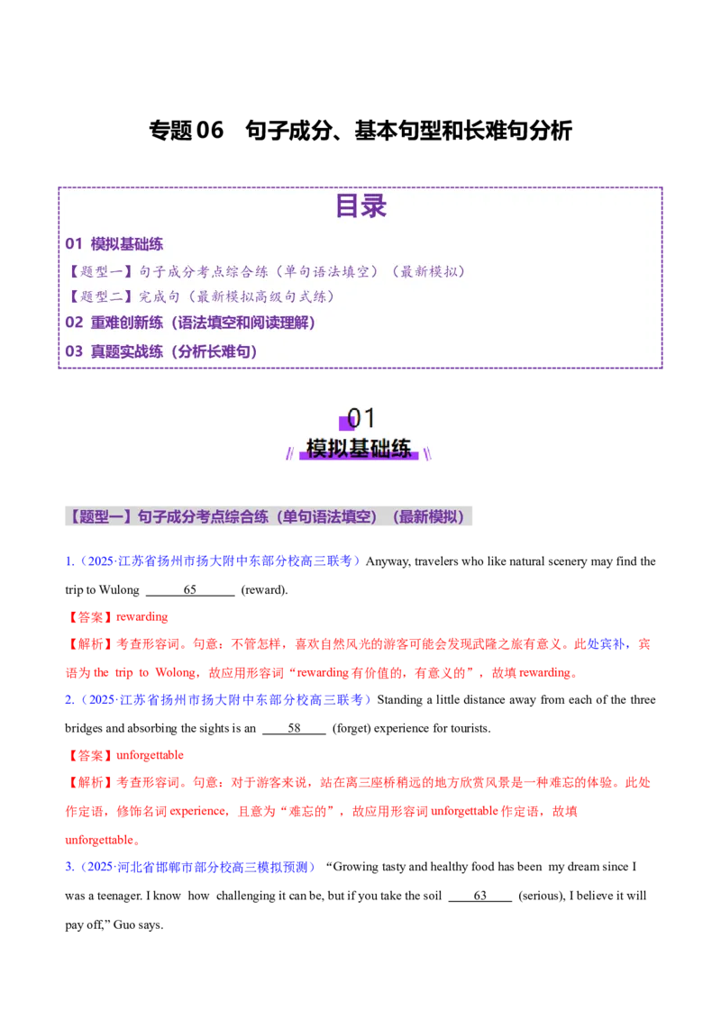 专题06句子成分、基本句型和长难句分析（练习）（解析版）_02高考数学_2025年新高考资料_二轮复习_01高考语文等多个文件_上好课2025年高考英语二轮复习讲练测（新高考通用）