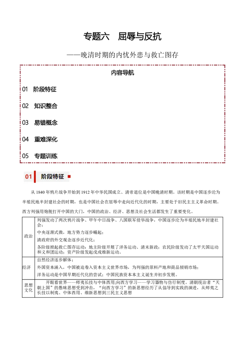 专题06+屈辱与反抗&mdash;&mdash;晚清时期的内忧外患与救亡图存知识大盘点+专题特训2024年高考历史三轮冲刺+_07高考历史_2024年新高考资料_52024三轮冲刺