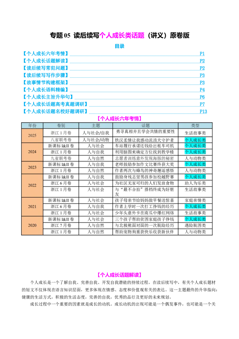 专题05读后续写个人成长类话题（讲义）原卷版_02高考数学_2025年新高考资料_二轮复习_01高考语文等多个文件_上好课2025年高考英语二轮复习讲练测（新高考通用）_第七部分写作