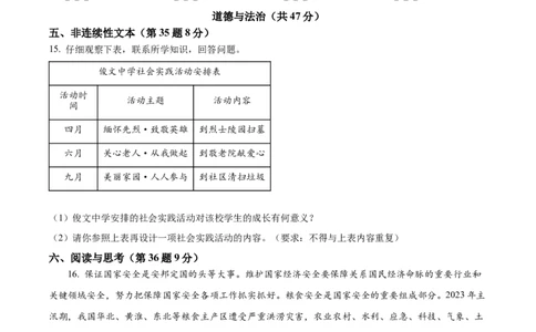 2024年贵州省铜仁市中考道德与法治真题（原卷版）_贵州中考_9.贵州中考道法（2008-2024）_铜仁道法1820-24
