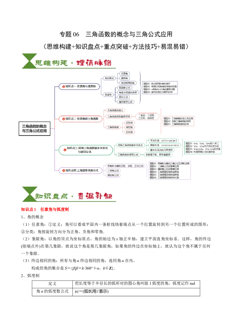 专题06三角函数的概念与三角公式应用（4知识点+3重难点+7方法技巧+5易错易混）（原卷版）_02高考数学_新高考复习资料_2025年新高考复习_2025年高考数学一轮复习知识清单
