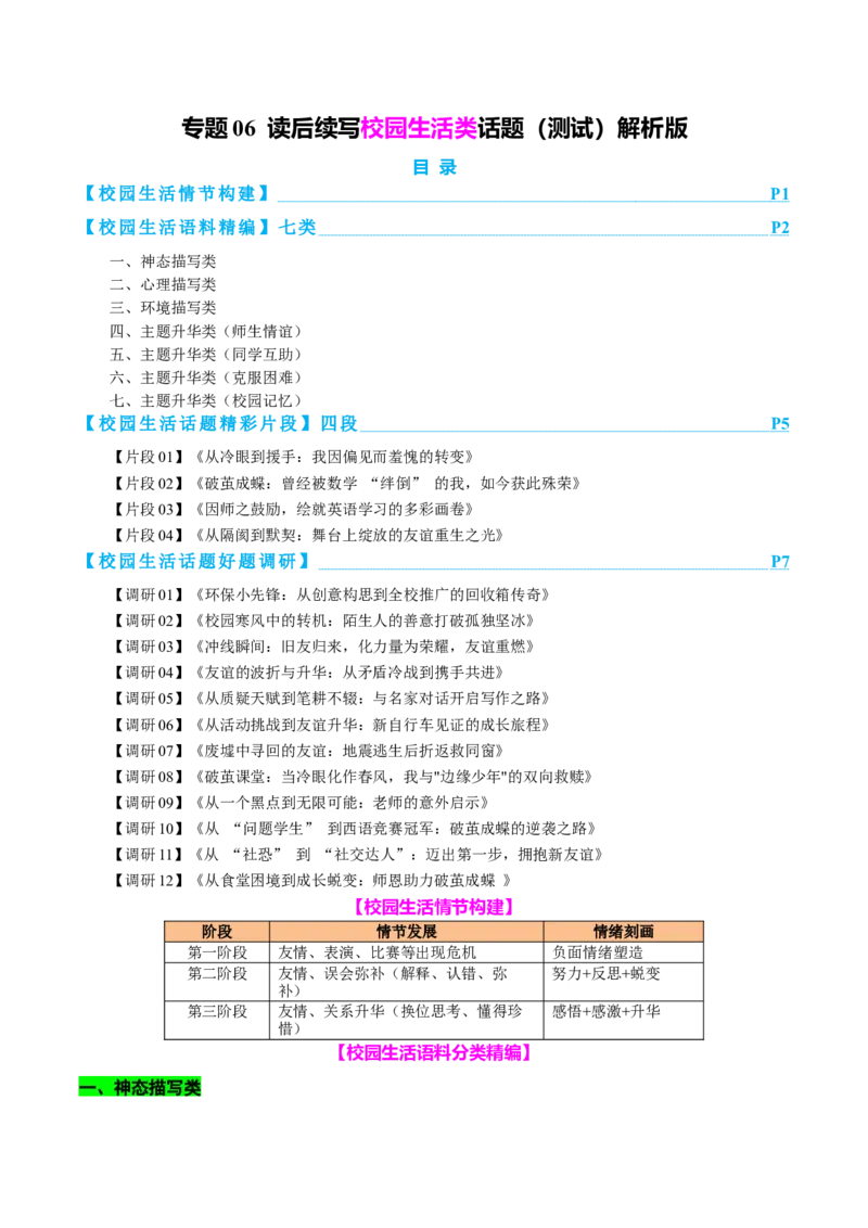 专题06读后续写校园生活类话题（测试）解析版_02高考数学_2025年新高考资料_二轮复习_01高考语文等多个文件_上好课2025年高考英语二轮复习讲练测（新高考通用）_第七部分写作