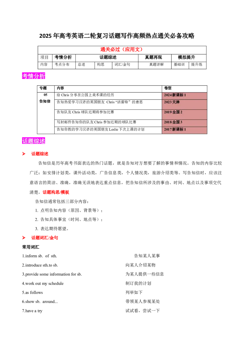 专题05告知(应用文）-2025年高考英语二轮复习话题写作高频热点通关必备（原卷版）_03高考英语_2025年新高考资料_二轮复习_2025年高考英语二轮复习话题写作高频热点通关必备攻略3411563
