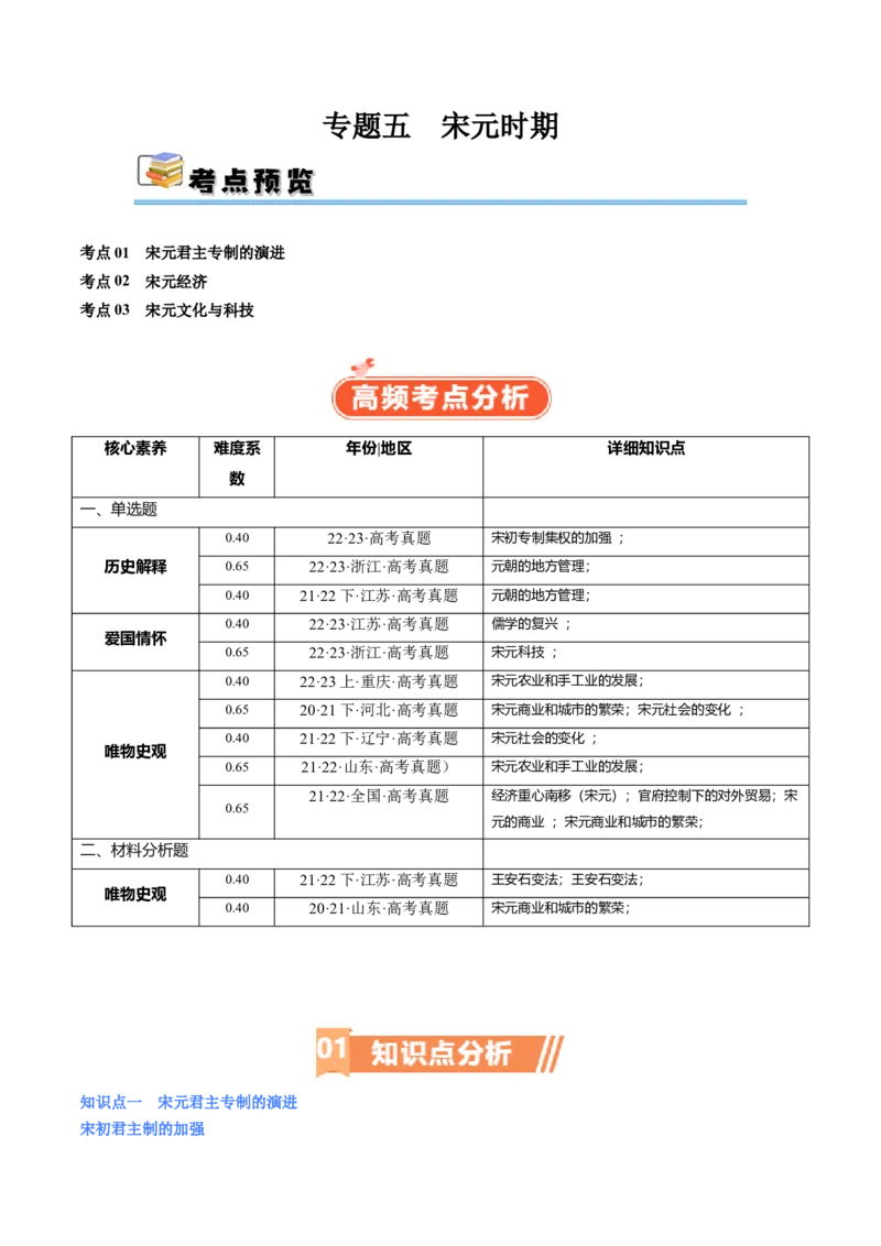 专题05宋元时期（原卷版）_07高考历史_新高考复习资料_2024年新高考复习资料_二轮复习资料_完2024年高考历史二轮专题复习高频考点追踪分析与预测