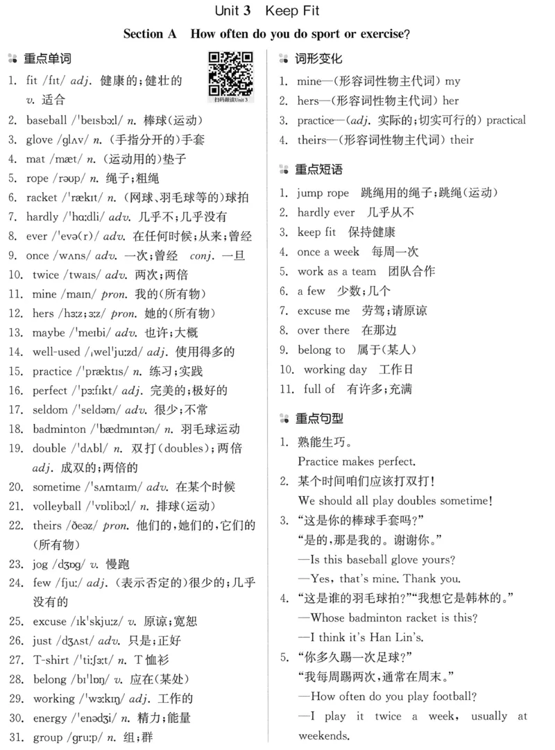 new7bunit3_新人教版7下英语学习资料包_12.知识清单_重点知识梳理