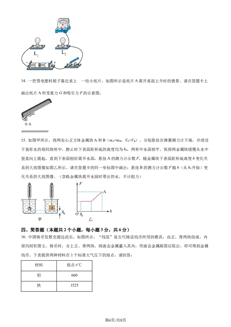 2024年贵州省中考理综物理试题（原卷版）_贵州中考_4.贵州中考物理（2008-2025）