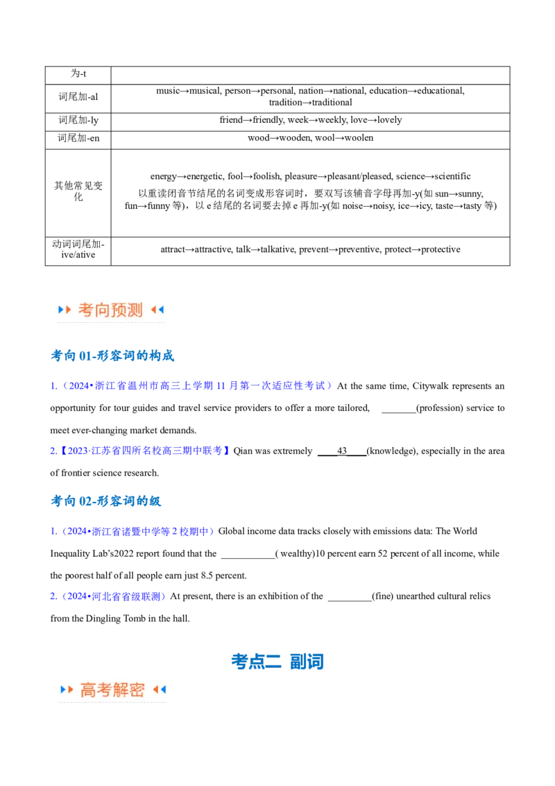 专题05形容词、副词的等级及利用构词法进行词类转换（讲义）（原卷版）-高频考点解密2024年高考英语二轮复习高频考点追踪与预测（新高考专用）_03高考英语_新高考复习资料_讲义