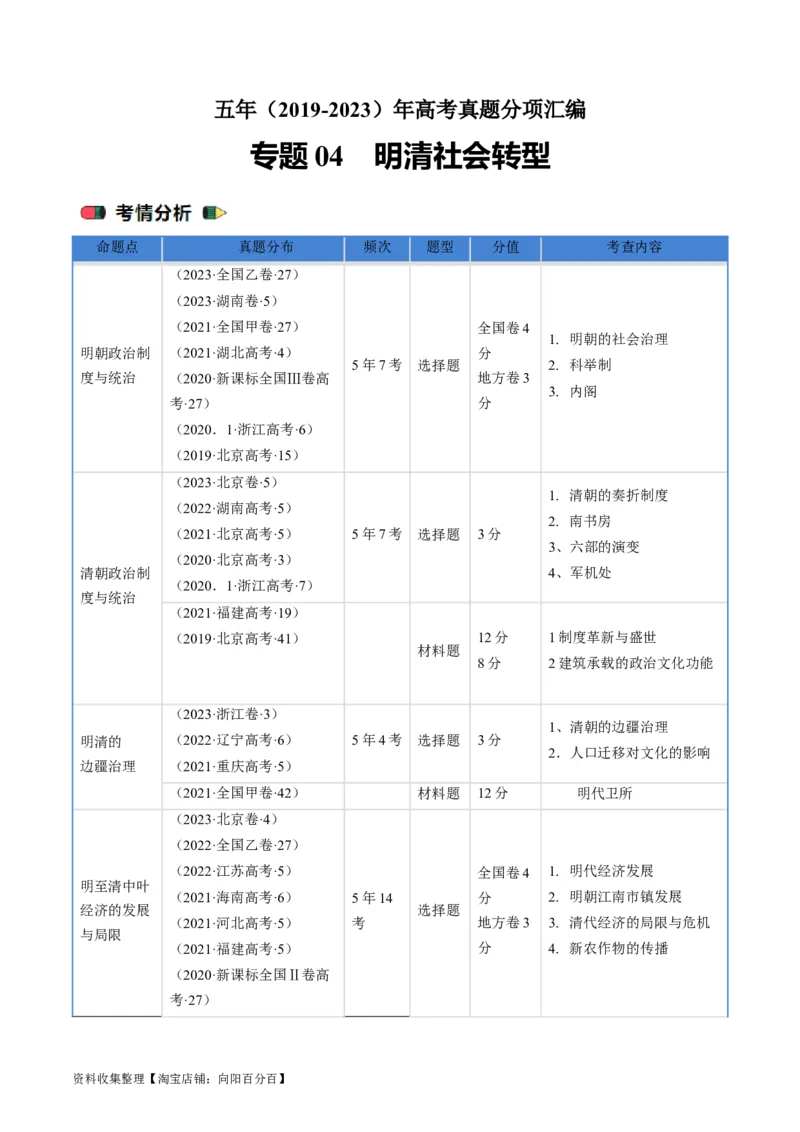 专题04明清社会转型（原卷版）_07高考历史_通用版（老高考）复习资料_2024年复习资料_完五年（2019-2023）高考历史真题分项汇编（全国通用）