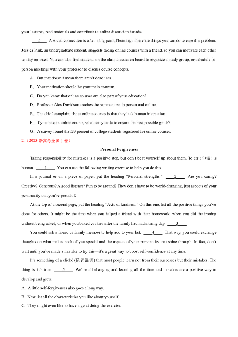 专题05阅读七选五（练习）（原卷版）_02高考数学_2025年新高考资料_二轮复习_01高考语文等多个文件_上好课2025年高考英语二轮复习讲练测（新高考通用）_第四部分阅读理解