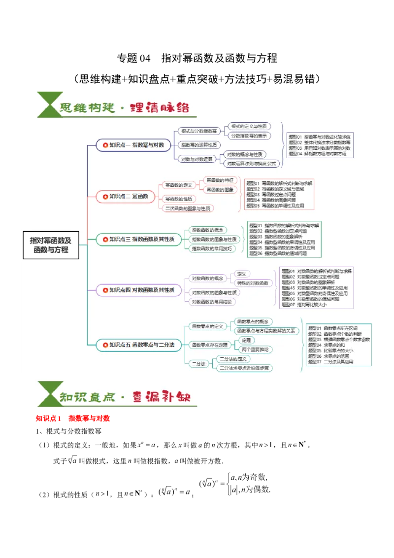 专题04指对幂函数及函数与方程（5知识点+4重难点+7技巧+4易错）（原卷版）_02高考数学_2025年新高考资料_一轮复习_上好课2025年高考数学一轮复习知识清单3246850_知识必备&middot;夯基础