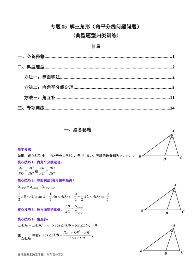 专题05解三角形（角平分线问题问题）(典型题型归类训练)（解析版）_02高考数学_新高考复习资料_2024年新高考资料_专项复习资料_三角函数、平面向量及解三角形_教师版（含答案解析）