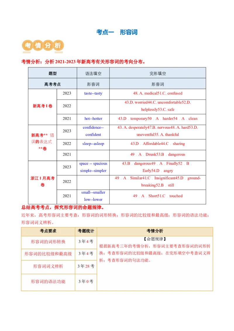 专题04形容词、副词（讲义）（原卷版）_03高考英语_新高考复习资料_2024年新高考资料_二轮复习资料_2024年高考英语二轮复习讲练测（新教材新高考）_第一部分语法知识