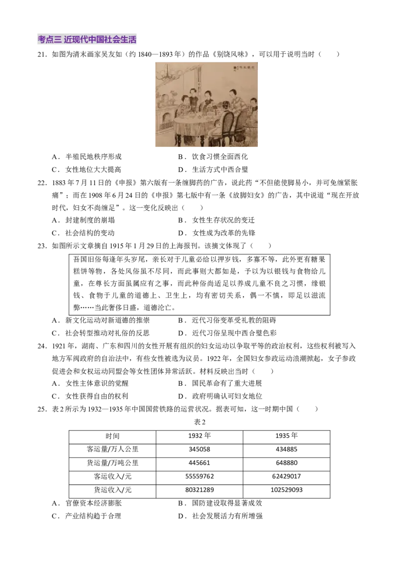 专题07冲击转型&mdash;中国近现代的经济转型与社会生活变迁（练习）（原卷版）_07高考历史_2025年新高考资料_二轮复习_01高考语文等多个文件