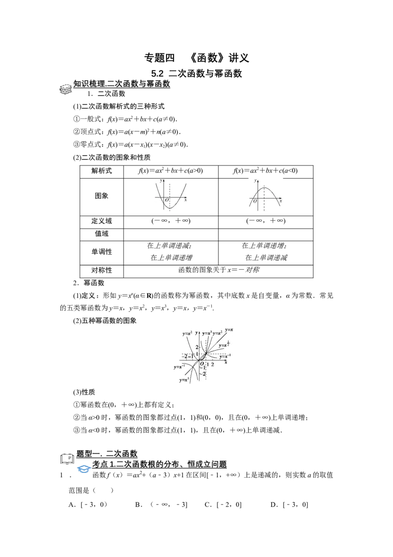 专题05函数5.2二次函数与幂函数题型归纳讲义-2022届高三数学一轮复习（原卷版）_02高考数学_新高考复习资料_2022年新高考资料