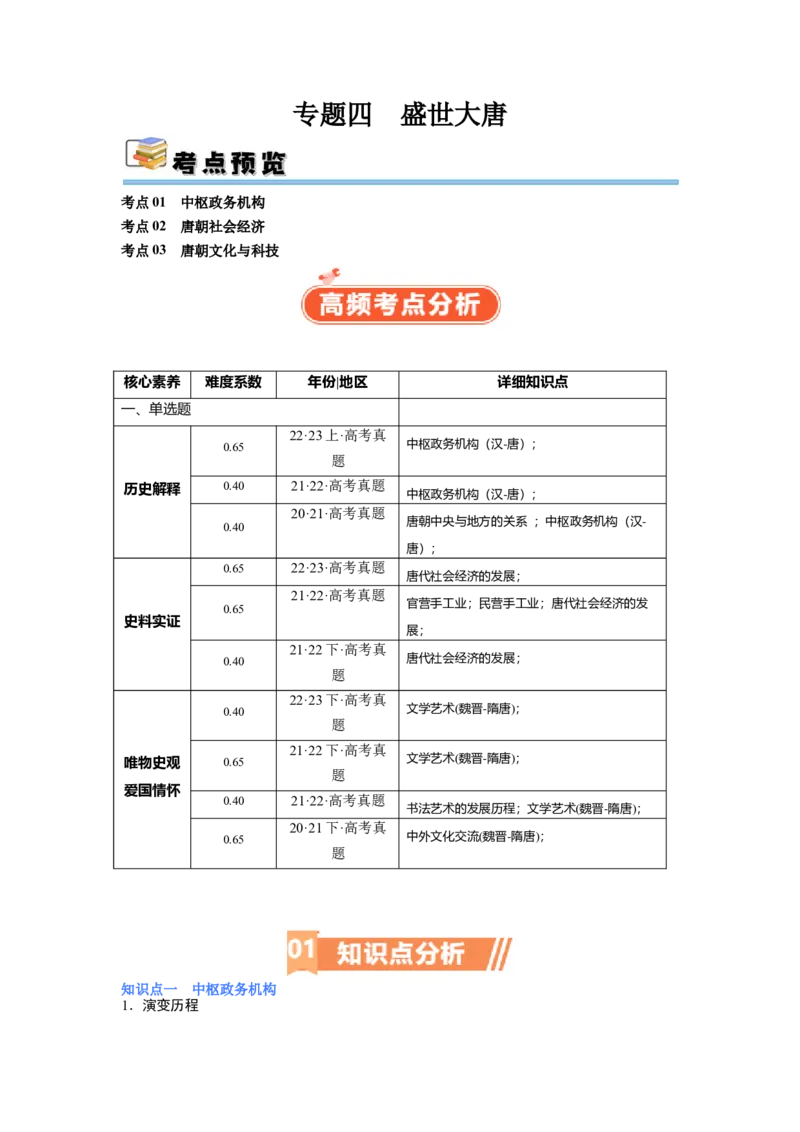 专题04盛世大唐（原卷版）_07高考历史_新高考复习资料_2024年新高考复习资料_二轮复习资料_完2024年高考历史二轮专题复习高频考点追踪分析与预测