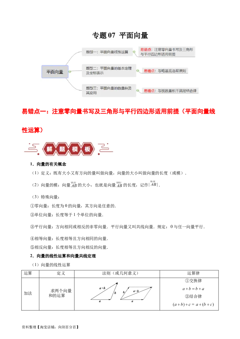 专题07平面向量（3大易错点分析+解题模板+举一反三+易错题通关）-备战2024年高考数学考试易错题（新高考专用）（解析版）_02高考数学_新高考复习资料_2024年新高考资料_专项复习资料