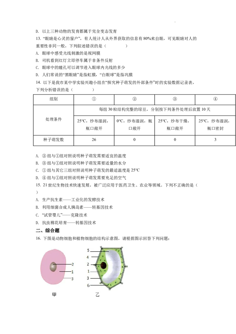 2022年贵州省铜仁市中考生物真题（原卷版）_贵州中考_6.贵州中考生物（2015-2025）