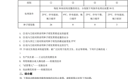 2022年贵州省铜仁市中考生物真题（原卷版）_贵州中考_6.贵州中考生物（2015-2025）