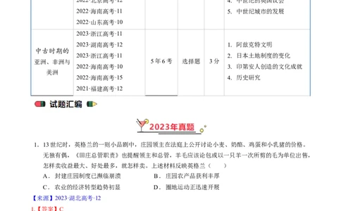 专题08古代文明的产生、发展与中古时期的世界（解析版）_07高考历史_通用版（老高考）复习资料_2024年复习资料_完五年（2019-2023）高考历史真题分项汇编（全国通用）