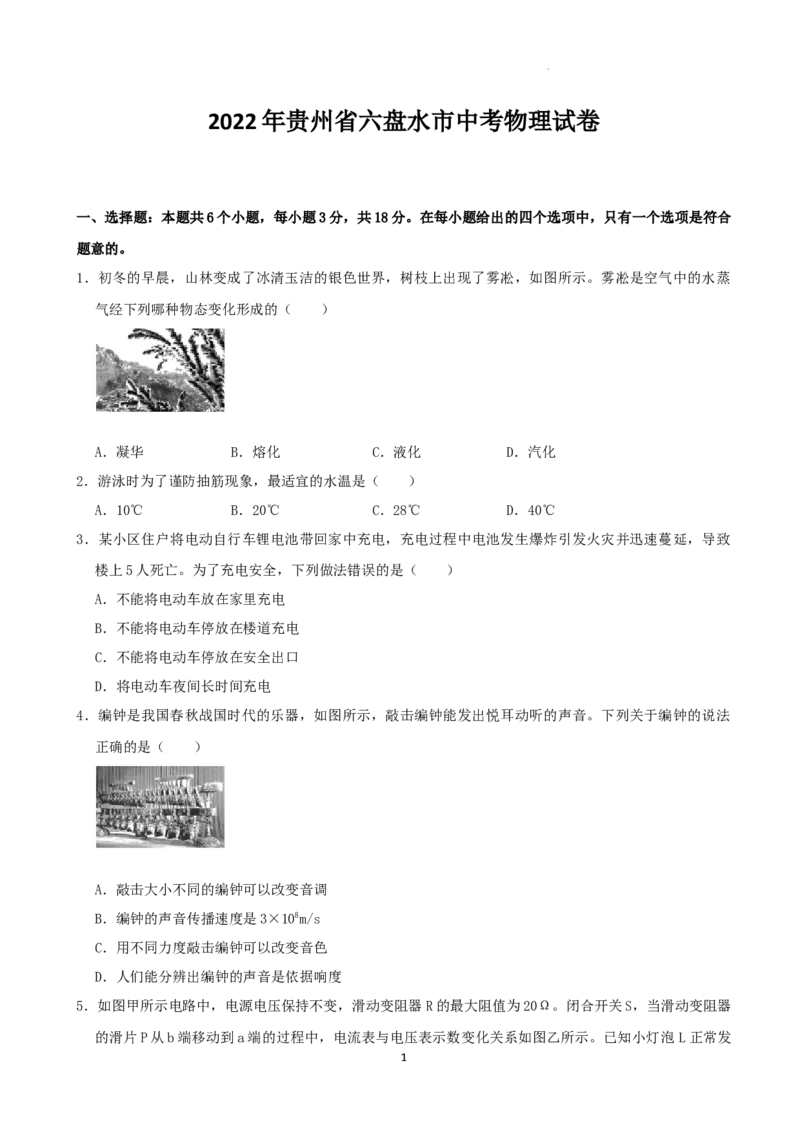 2022年贵州省六盘水市中考物理真题（word,含解析）_贵州中考_4.贵州中考物理（2008-2025）_六盘水物理15-24缺21