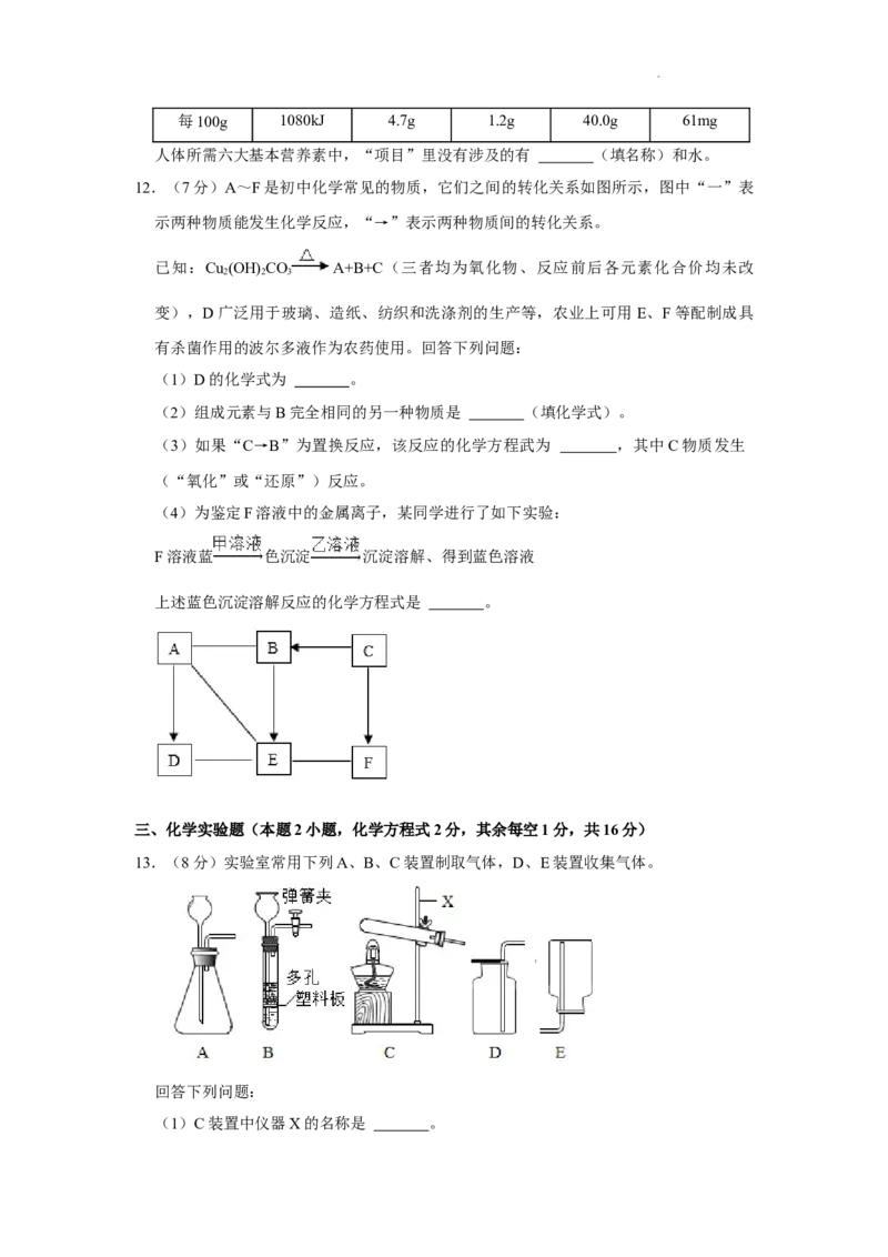 2022年贵州省毕节市中考化学真题_贵州中考_5.贵州中考化学（2008-2025）_毕节化学12-24