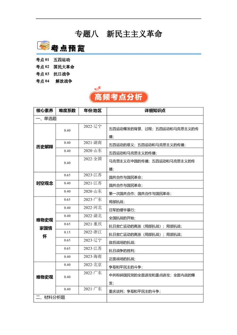 专题08新民主主义革命（原卷版）_07高考历史_新高考复习资料_2024年新高考复习资料_二轮复习资料_完2024年高考历史二轮专题复习高频考点追踪分析与预测