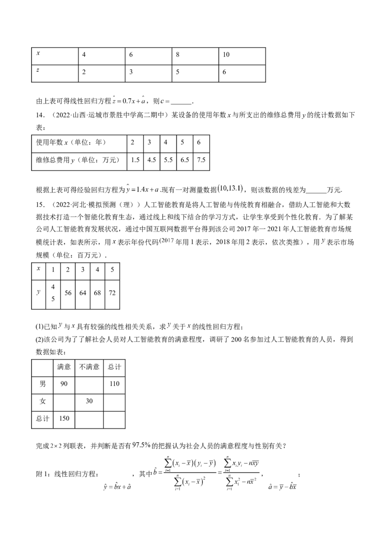 专题10统计案例（独立性检测与回归分析）（原卷版）_02高考数学_通用版（老高考）复习资料_2023年复习资料_二轮复习