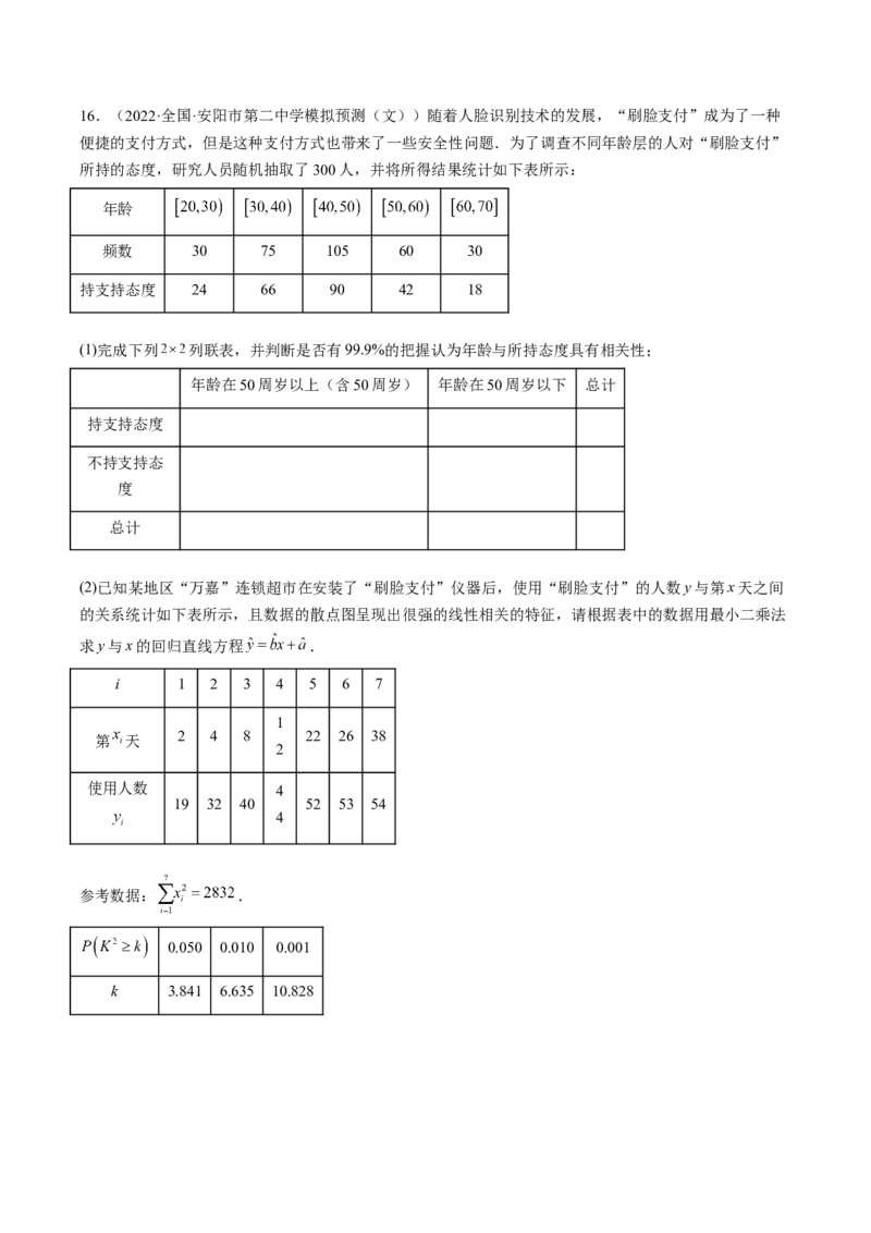 专题10统计案例（独立性检测与回归分析）（原卷版）_02高考数学_通用版（老高考）复习资料_2023年复习资料_二轮复习