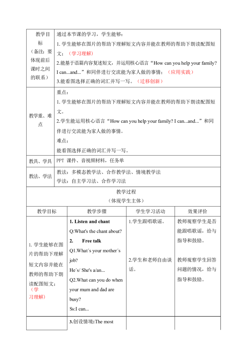 Unit1Helpingathome单元整体教学设计表格式（5课时）_4上-新英语人教PEP版（2025持续更新）_04教案+教学计划_表格式单元整体教学设计