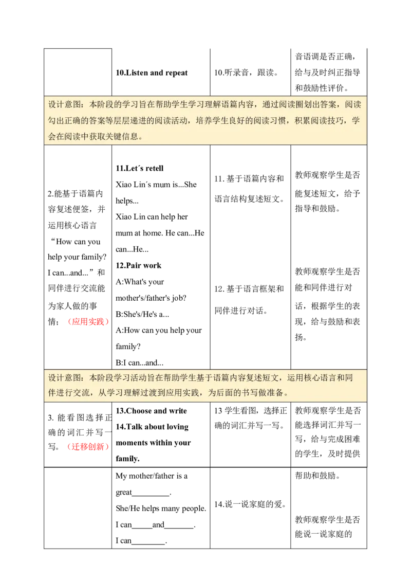 Unit1Helpingathome单元整体教学设计表格式（5课时）_4上-新英语人教PEP版（2025持续更新）_04教案+教学计划_表格式单元整体教学设计