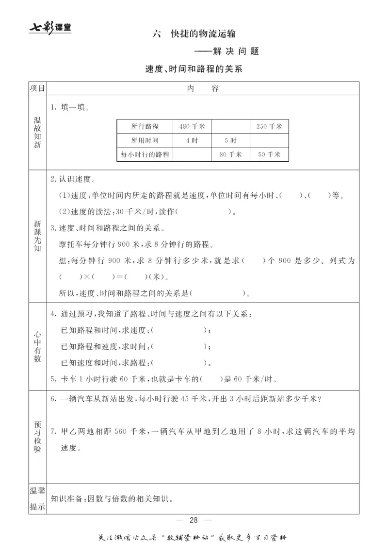 四年级数学上册青岛63制《七彩课堂》预习卡_1-6年级《七彩课堂》预习卡_1-6年级数学上册青岛63制《七彩课堂》预习卡