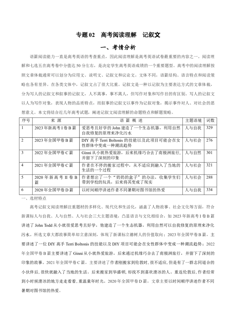 专题1.2阅读理解记叙文（考情分析+真题回顾+最新模拟试题）（原卷版）_03高考英语_新高考复习资料_2024年新高考资料_二轮复习资料_第一部分阅读理解
