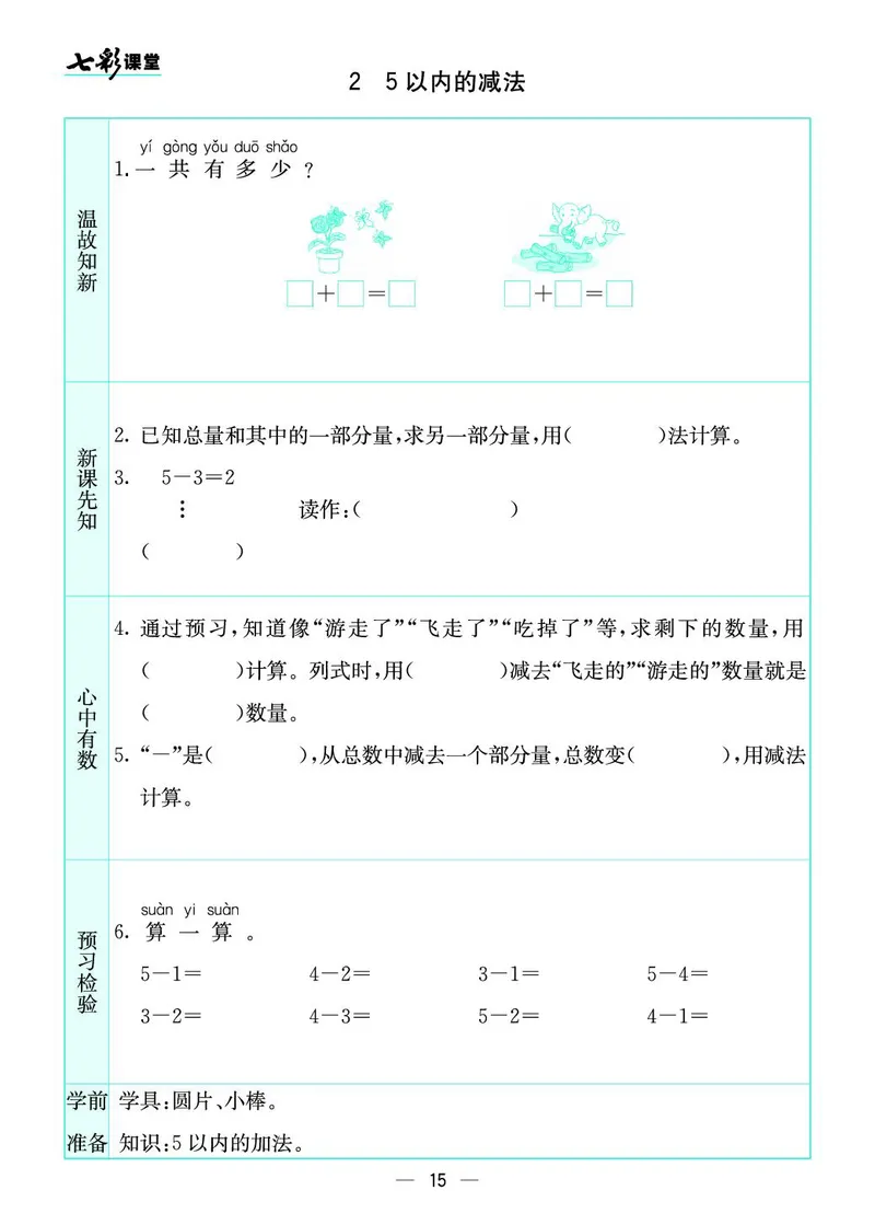 一年级数学上册苏教版《七彩课堂》预习卡_1-6年级《七彩课堂》预习卡_1-6年级数学上册苏教版《七彩课堂》预习卡