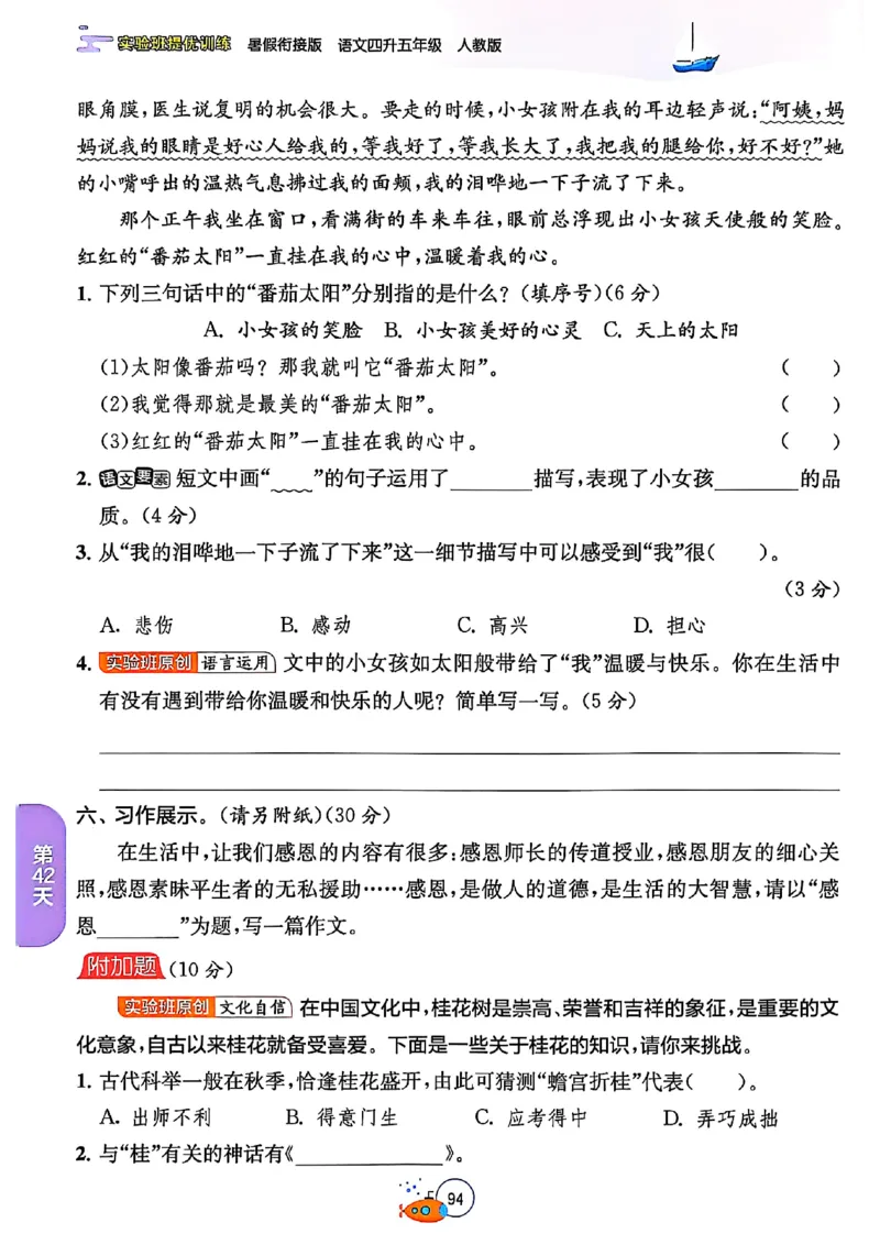 25版《实验班提优训练暑假衔接》语文4升5_25秋《实验班》系列_25版实验班语数英人教北师大苏教译林《暑假衔接》_实验班暑假衔接语文25年