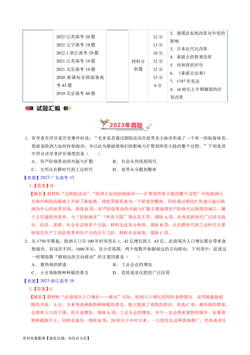 专题09走向整体的世界与资本主义制度的确立（解析版）_07高考历史_通用版（老高考）复习资料_2024年复习资料_完五年（2019-2023）高考历史真题分项汇编（全国通用）