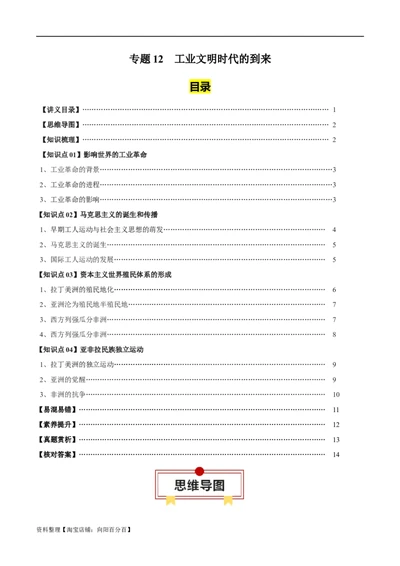 专题12工业文明时代的到来-口袋书2024年高考历史一轮复习知识清单_07高考历史_新高考复习资料_2024年新高考复习资料_一轮复习资料