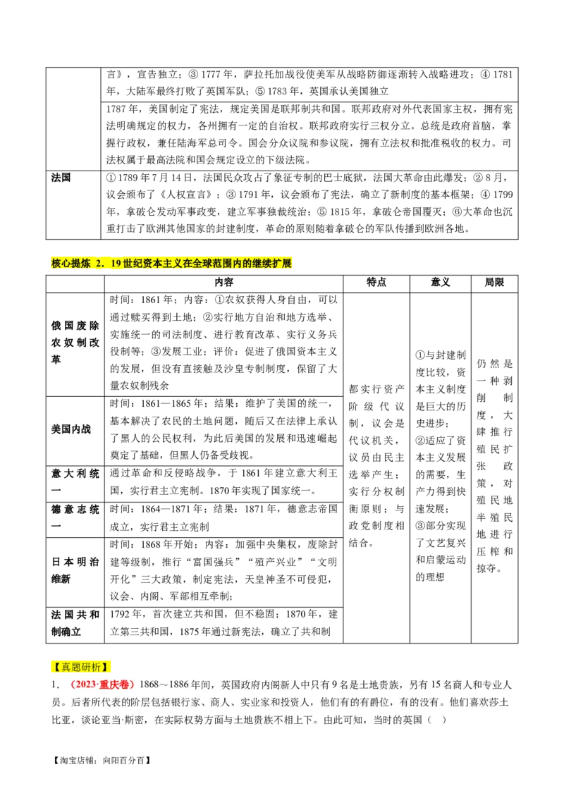 专题10资本主义制度的确立（讲义）（解析版）_07高考历史_新高考复习资料_2024年新高考复习资料_二轮复习资料_2024年高考历史二轮复习讲练测（新教材新高考）_配套讲义