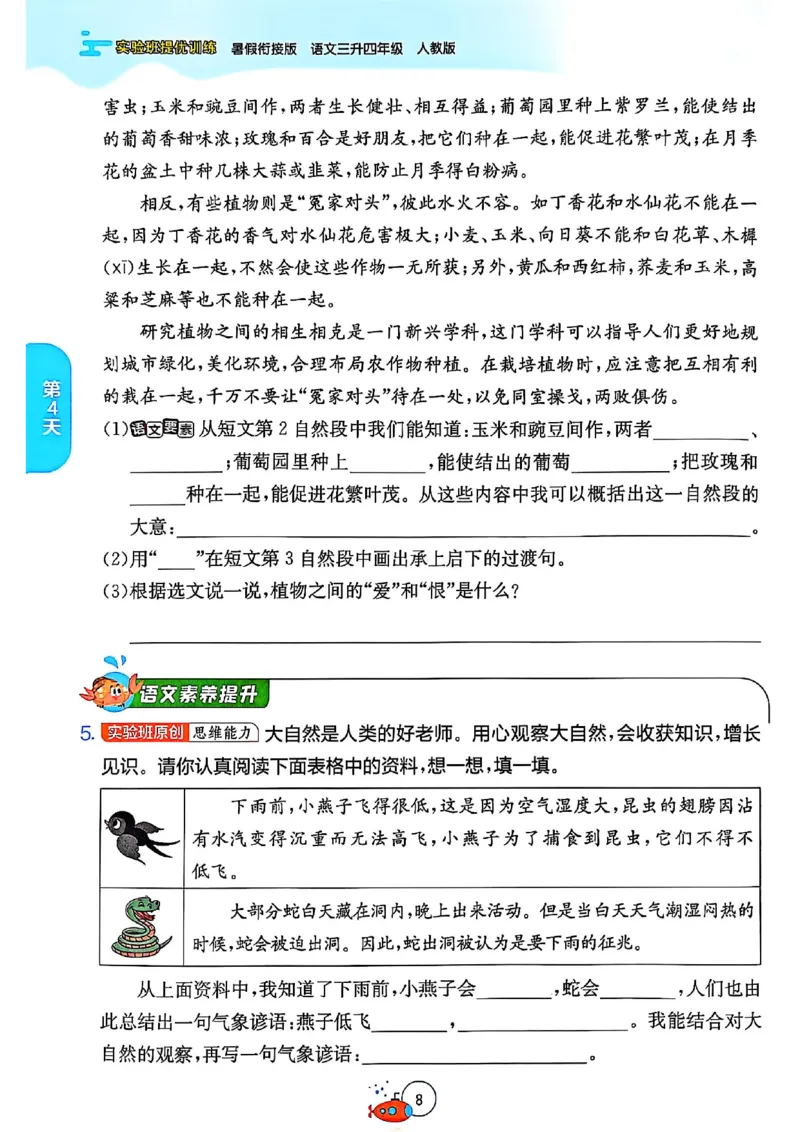 25版《实验班提优训练暑假衔接》语文3升4_25秋《实验班》系列_25版实验班语数英人教北师大苏教译林《暑假衔接》_实验班暑假衔接语文25年