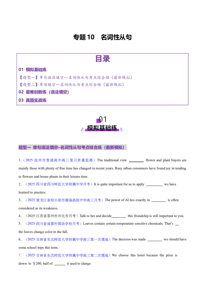 专题10名词性从句（练习）（原卷版）_02高考数学_2025年新高考资料_二轮复习_01高考语文等多个文件_上好课2025年高考英语二轮复习讲练测（新高考通用）_第三部分语法知识