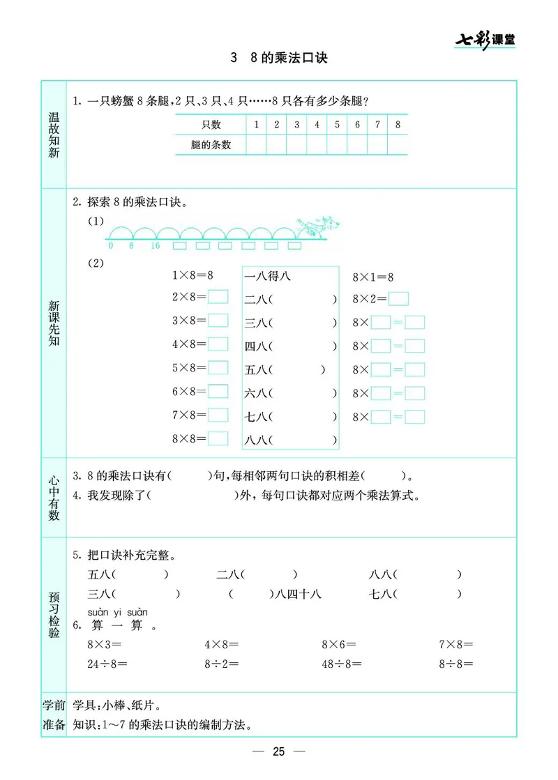 二年级数学上册苏教版《七彩课堂》预习卡_1-6年级《七彩课堂》预习卡_1-6年级数学上册苏教版《七彩课堂》预习卡