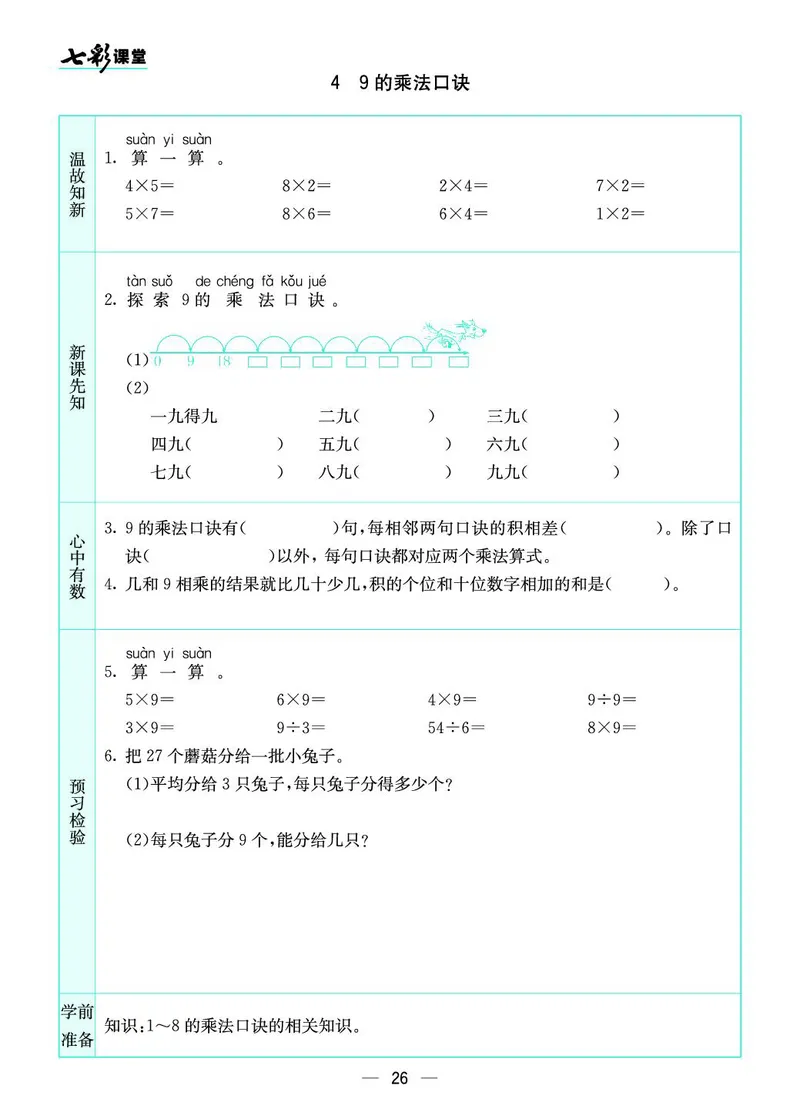 二年级数学上册苏教版《七彩课堂》预习卡_1-6年级《七彩课堂》预习卡_1-6年级数学上册苏教版《七彩课堂》预习卡