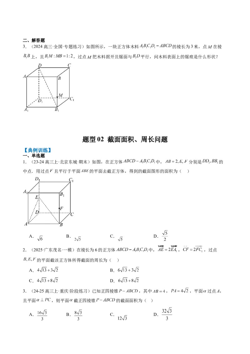 专题11立体几何中的截面与轨迹问题（6大题型）-2025年高考数学二轮热点题型归纳与变式演练（新高考通用）（原卷版）_02高考数学_2025年新高考资料_二轮复习_一、题型突破