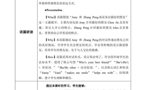 Unit2第4课时PartBLet&rsquo;stalk&Talkaboutyourbestfriend(教学设计)_4上-新英语人教PEP版（2025持续更新）_01.英语4上-教案+PPT课件+学习任务单+练习第1套齐全_2教案