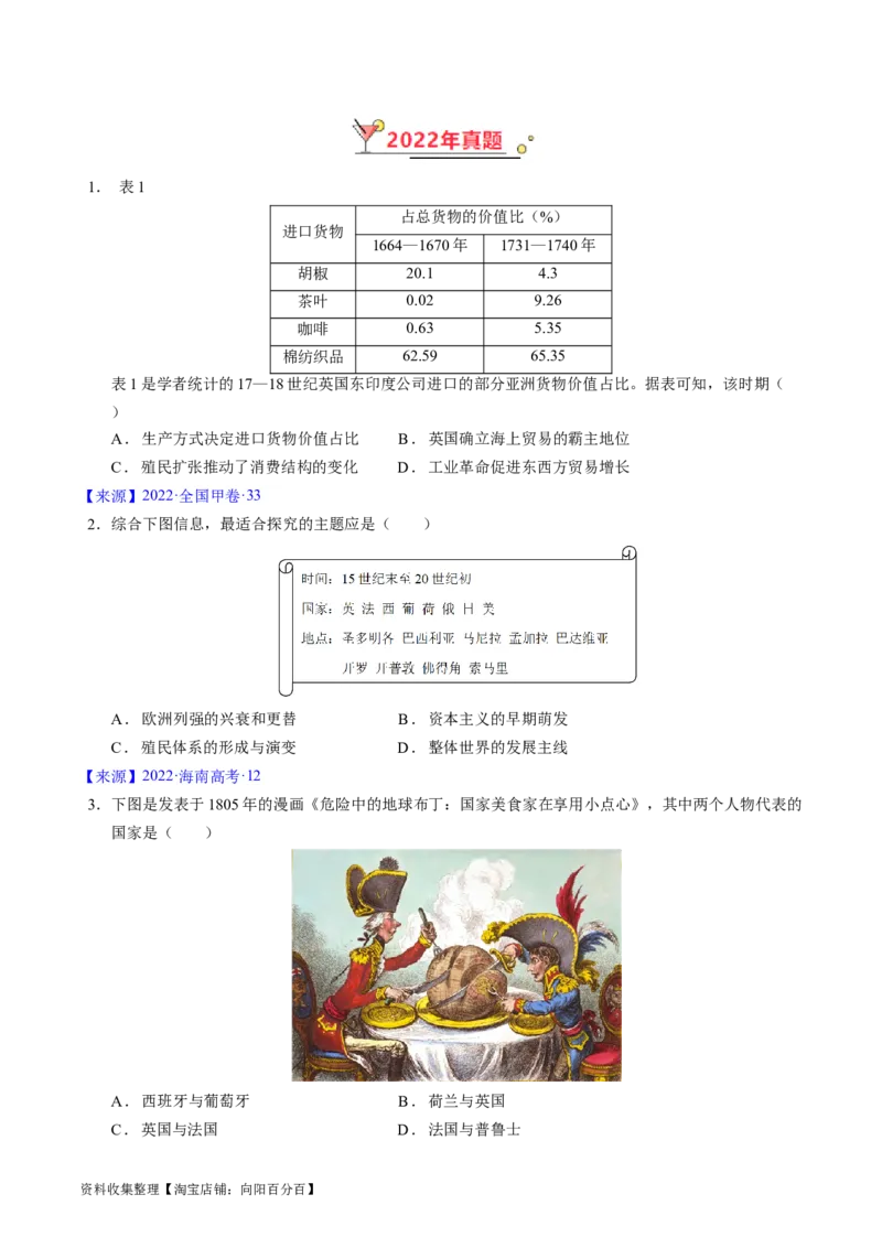 专题09走向整体的世界与资本主义制度的确立（原卷版）_07高考历史_通用版（老高考）复习资料_2024年复习资料_完五年（2019-2023）高考历史真题分项汇编（全国通用）