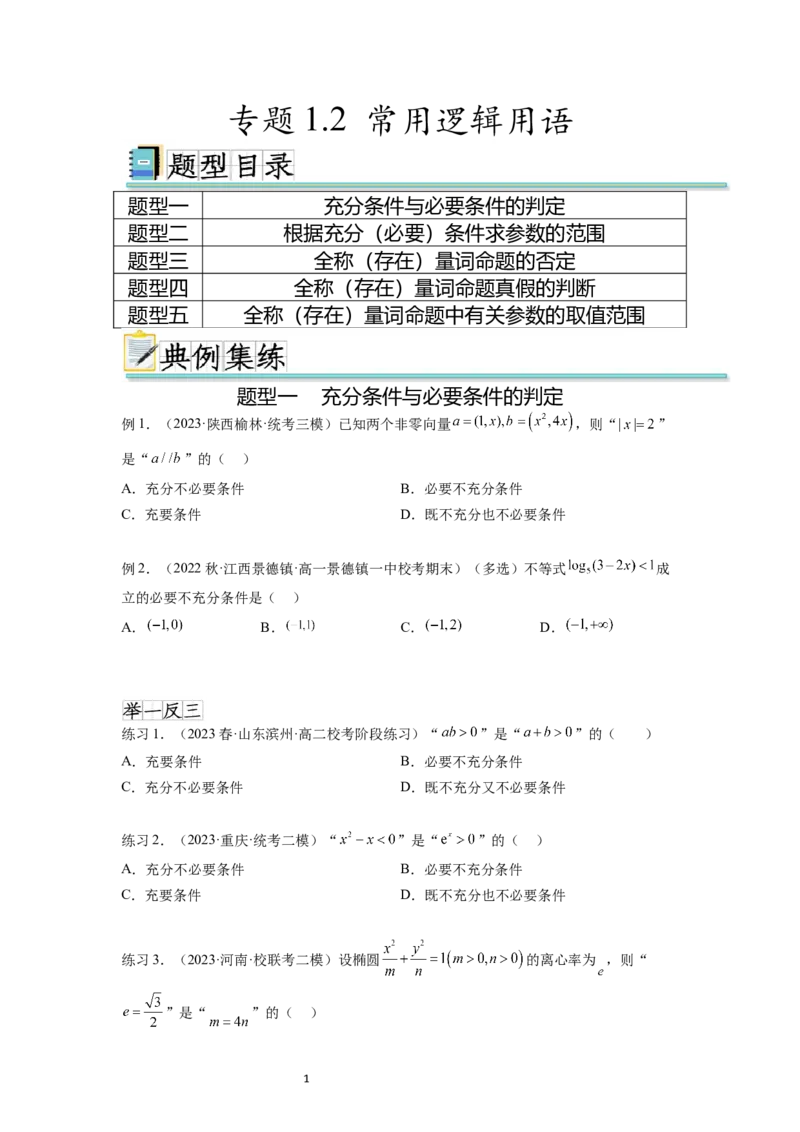 专题1.2常用逻辑用语（原卷版）_02高考数学_新高考复习资料_2024年新高考资料_一轮复习资料_完备战2024年新高考数学一轮复习题型突破精练（新高考）_专题1.2+常用逻辑用语