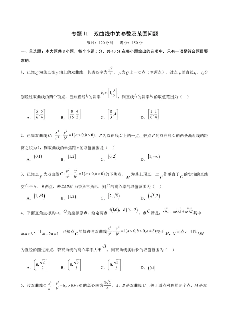 专题11双曲线中的参数及范围问题(原卷版)_02高考数学_2024年新高考资料_3.2024专项复习_2024年新高考数学之圆锥曲线专项重难点突破练（新高考专用）