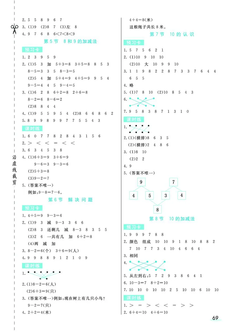 一年级数学上册人教版《七彩课堂》（预习+课课练）_1-6年级《七彩课堂》预习卡_1-6年级数学上册人教版《七彩课堂》（预习+课课练）