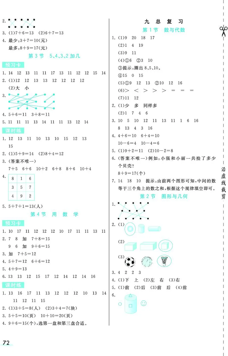 一年级数学上册人教版《七彩课堂》（预习+课课练）_1-6年级《七彩课堂》预习卡_1-6年级数学上册人教版《七彩课堂》（预习+课课练）