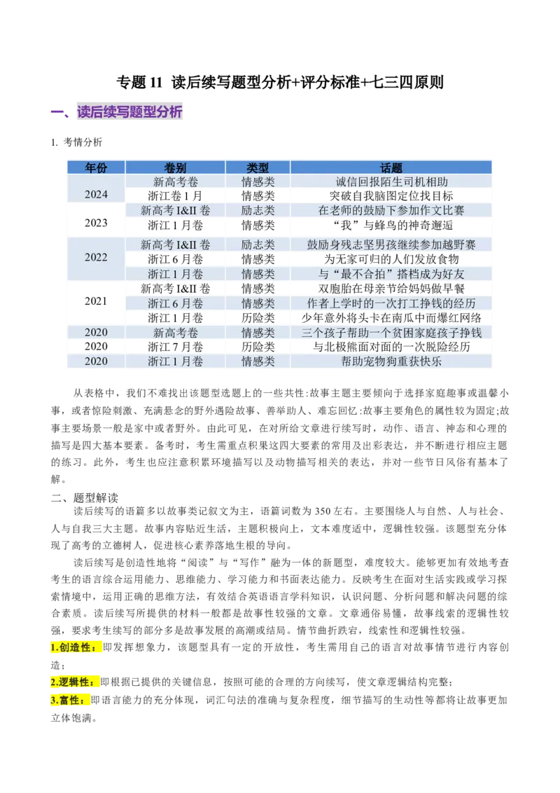 专题11读后续写题型分析+评分标准+七三四原则-高分&middot;技能2025年高考英语写作常考题型全面突破_03高考英语_2025年新高考资料_二轮复习