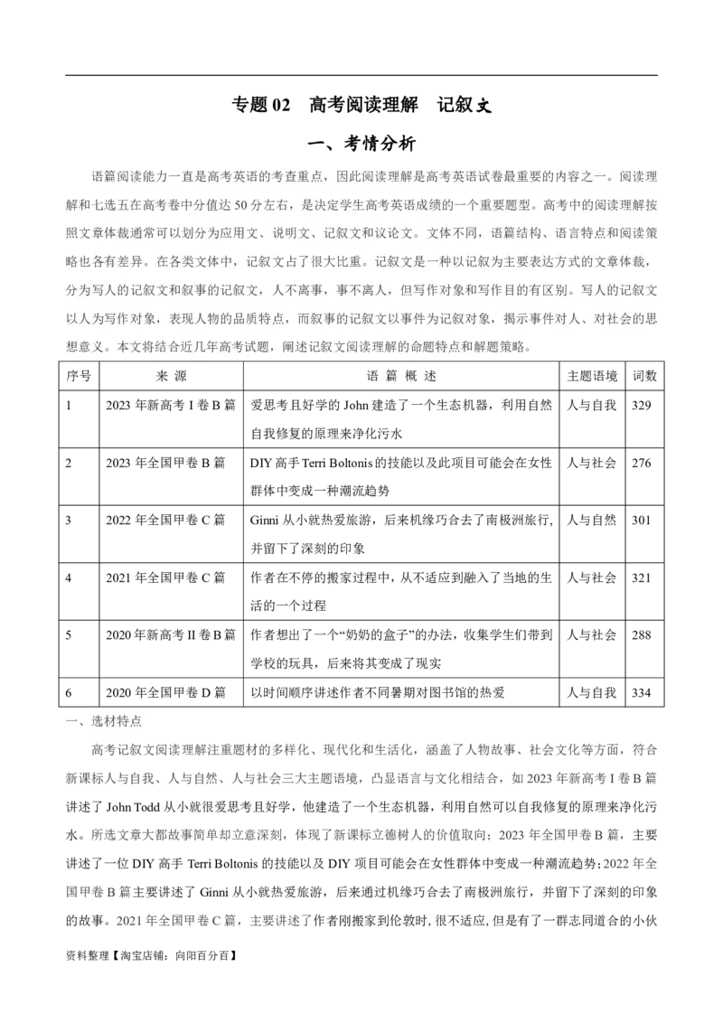 专题1.2阅读理解记叙文（考情分析+真题回顾+最新模拟试题）（解析版）_03高考英语_新高考复习资料_2024年新高考资料_二轮复习资料_第一部分阅读理解_答案解析版（答案在最后面）